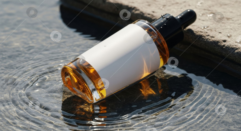 Скачать Коричневая косметическая бутылочка-капельница с пустой этикеткой, плавающая в воде. Рекламный макет косметического средства по уходу за кожей. фотосток Ozero