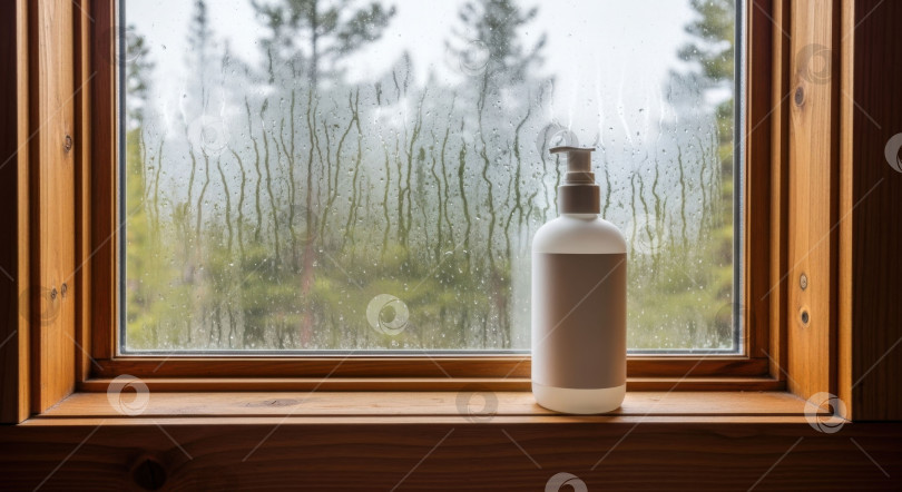 Скачать Макет белого косметического флакона с помпой на деревянном подоконнике, на улице дождливая погода. Демонстрация натуральных косметических средств для здоровья. фотосток Ozero
