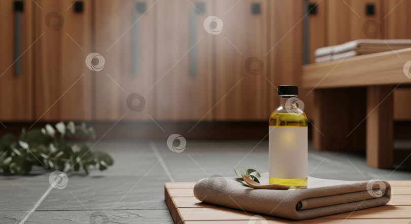 Скачать Флакон косметического масла с пустой этикеткой и деревянной ложкой на сложенном полотенце для демонстрации косметических средств. фотосток Ozero