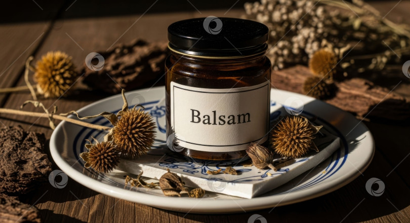 Скачать Стеклянная баночка бальзама с чистой этикеткой на бело-голубой тарелке. Натуральный продукт для здоровья и красоты. Органическая индустрия красоты. фотосток Ozero