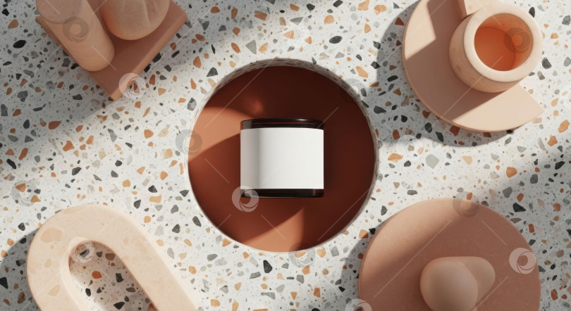 Скачать Макет косметического продукта на фоне терраццо с пустой этикеткой для брендирования. Вид сверху для красоты и здоровья. фотосток Ozero