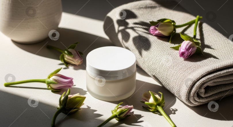 Скачать Макет баночки с кремом для лица с натуральными элементами, такими как цветы и покрывало. Демонстрация фирменной продукции для ухода за кожей, здоровья и красоты. фотосток Ozero