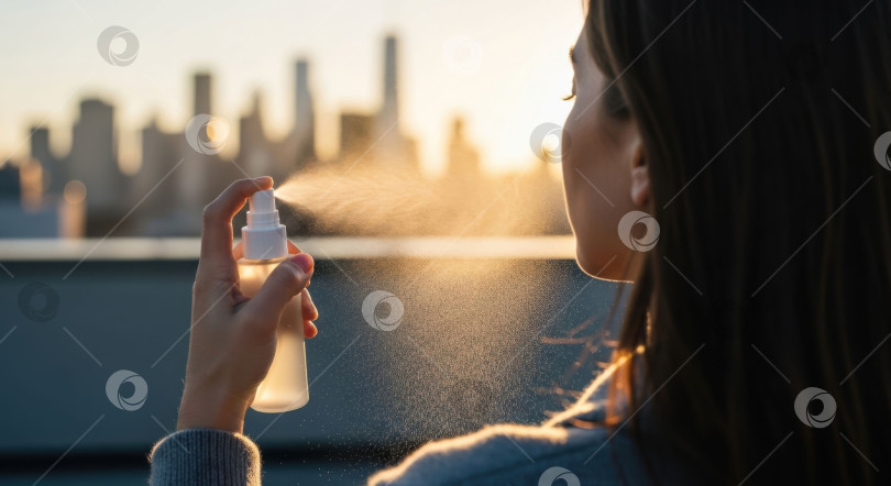 Скачать Женщина, держащая в руках распылитель, распыляющий мелкодисперсный туман в направлении горизонта "золотой час", - косметическая концепция красоты и здоровья. фотосток Ozero