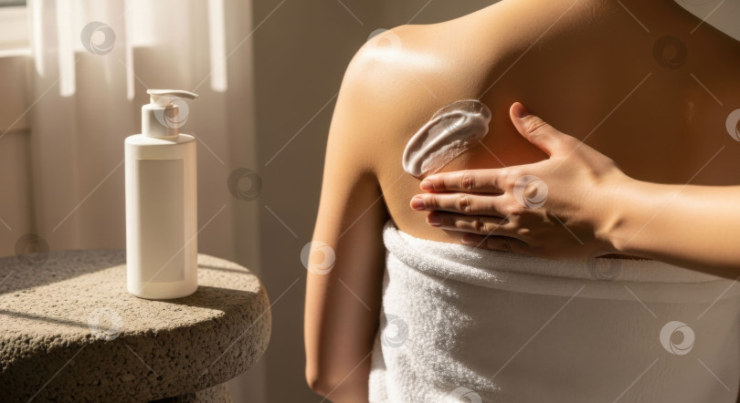 Скачать Женщина наносит на спину белый увлажняющий крем. Уход за телом и здоровье. Макет косметического средства на бутылочке без этикетки. фотосток Ozero