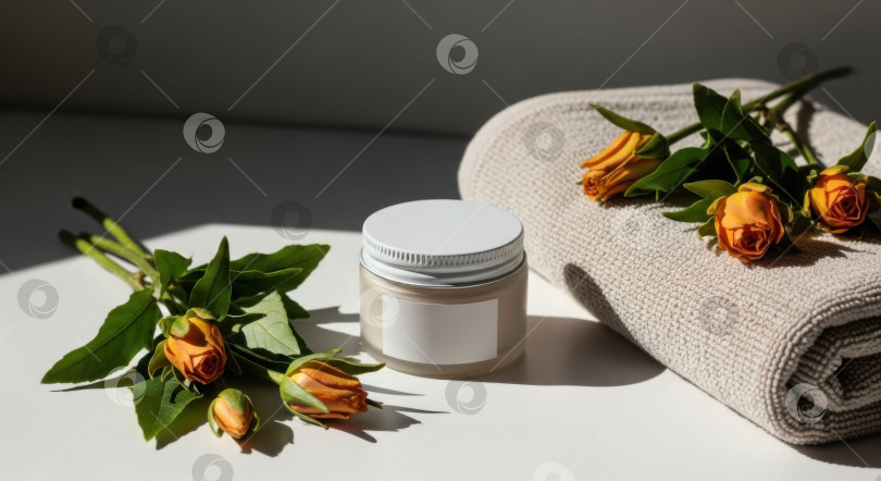 Скачать Косметическая баночка для макета косметического средства. Пустая белая этикетка, без текста. Контейнер для крема или лосьона по уходу за кожей для поддержания здоровья и хорошего самочувствия. Вид сверху. фотосток Ozero