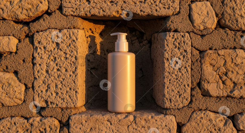 Скачать Пустая бежевая бутылка-витрина, стоящая на каменном выступе, залитом солнцем. Макет натурального косметического средства на фоне древних скал. фотосток Ozero