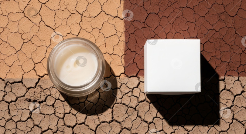 Скачать Открытая баночка белого крема и пустая коробочка на растрескавшейся сухой земле, вид сверху. Средство по уходу за кожей с пробелом для копирования на коричневом фоне для увлажнения. фотосток Ozero