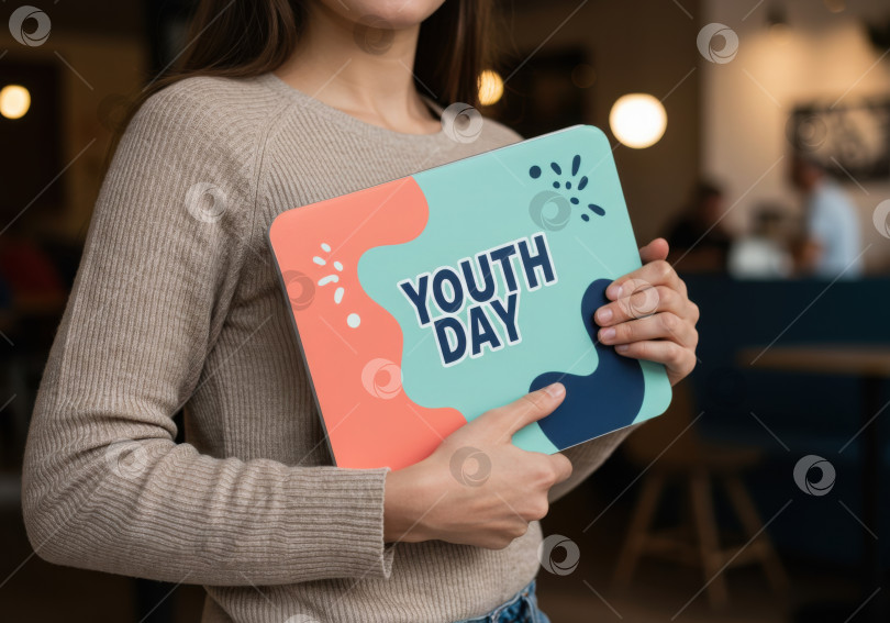 Скачать Женщина держит табличку с надписью "День молодежи". Женщины празднуют молодое поколение. Мероприятие, посвященное Международному дню молодежи. фотосток Ozero