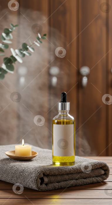 Скачать Флакончик с эфирным маслом, горящая свеча и полотенце на деревянном столе в окружении веток эвкалипта и пара. Концепция натуральной косметики и здоровья. фотосток Ozero