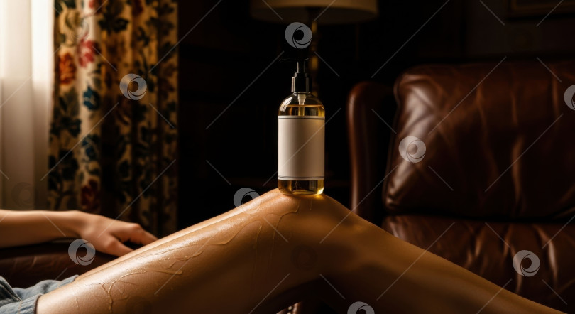 Скачать Женская рука, наносящая масло для тела из флакона с прозрачной этикеткой на свою гладкую ногу во время сеанса ухода за собой. фотосток Ozero