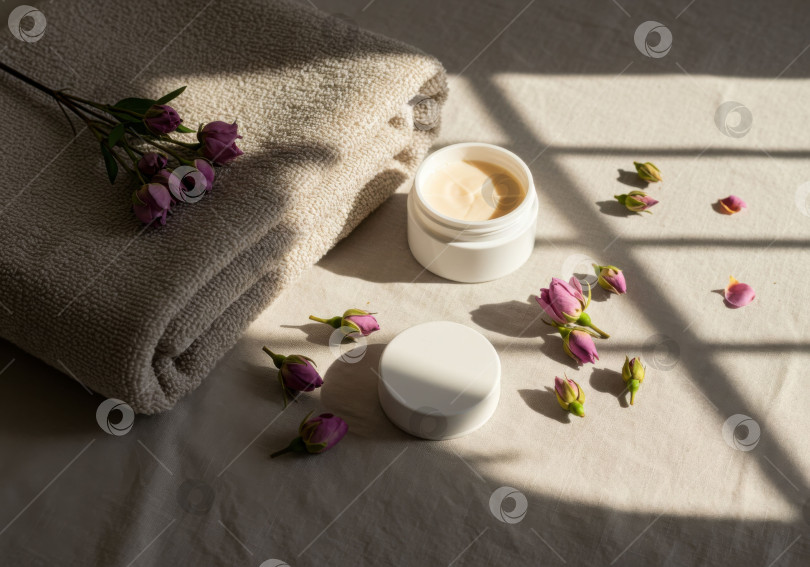 Скачать Белый контейнер для средств по уходу за кожей с полотенцем и бутонами роз, макет продукта для красоты и здоровья с возможностью копирования. фотосток Ozero