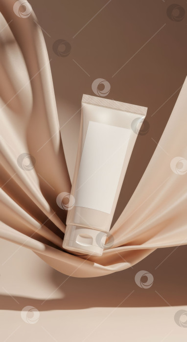 Скачать Пустой тюбик косметики в струящейся ткани телесного цвета. Макет средства по уходу за кожей. Упаковка для косметики и здоровья с пустой этикеткой для продвижения. фотосток Ozero