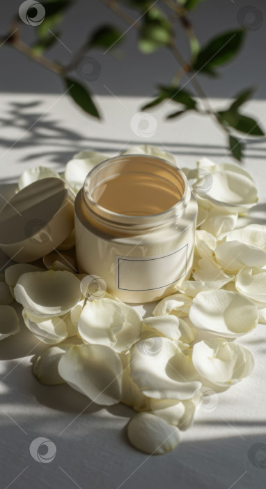 Скачать Белая баночка для косметики, окруженная нежными лепестками роз. Макет косметического средства для ухода за кожей. Минималистичный дизайн для создания бренда натуральной косметики. фотосток Ozero