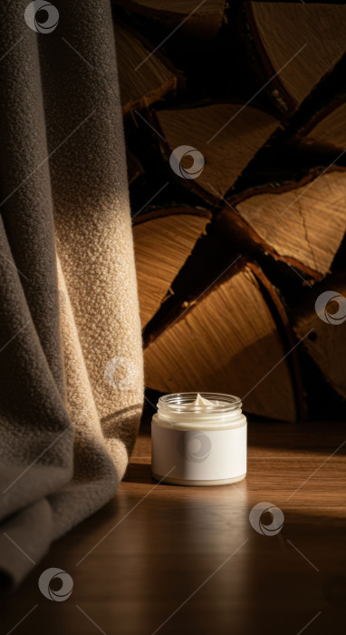 Скачать Баночка с косметическим кремом на деревянном полу, уютная домашняя атмосфера. Макет натурального косметического средства или средства по уходу за кожей. фотосток Ozero