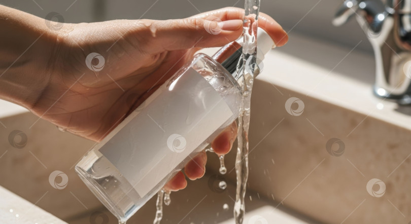 Скачать Женщина моет макет флакона с косметическим маслом под проточной водой в раковине ванной комнаты, пропагандируя уход за кожей и волосами. фотосток Ozero