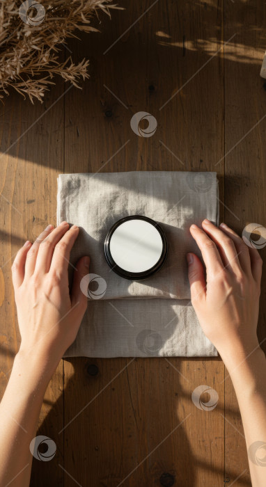 Скачать Женщина держит в руках макет пустой косметической баночки, разложенный на сером полотенце и деревянном столе. Натуральное косметическое средство для здоровья. фотосток Ozero