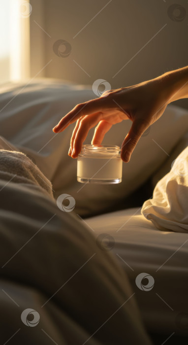 Скачать Женщина, держащая в руках баночку с косметическим кремом для лица в постели. Процедура ночного ухода за кожей после душа. Концепция ухода за кожей и красоты. фотосток Ozero