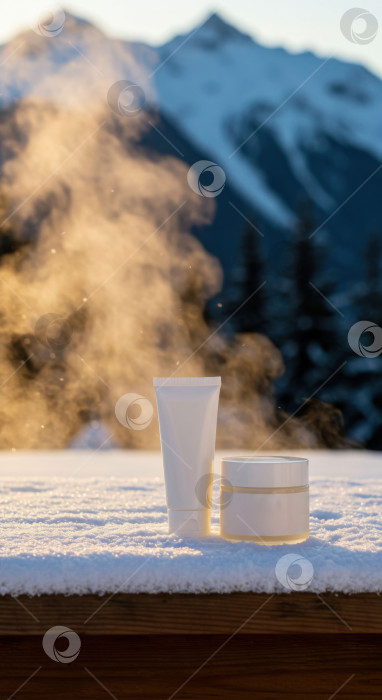 Скачать Контейнеры с косметикой на снегу с паром. Макет косметического средства для зимнего ухода за кожей. Концепция для здоровья и косметики. Макет. фотосток Ozero