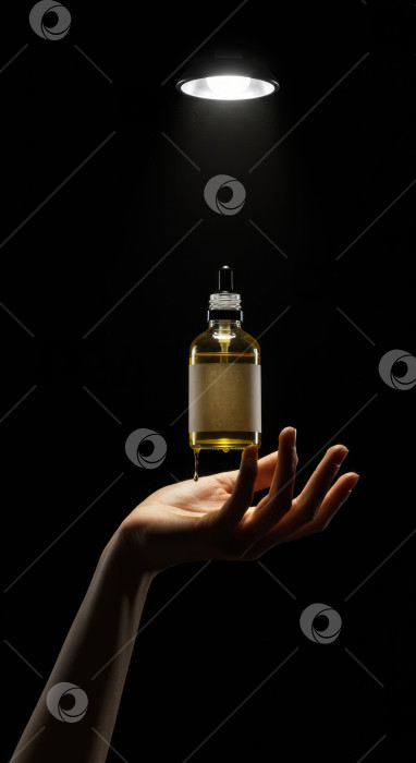 Скачать Женская рука держит флакон с капельницей для косметического масла. Концепция косметического продукта. Макет средства по уходу за кожей с пустой этикеткой, идеально подходящий для дизайна. фотосток Ozero