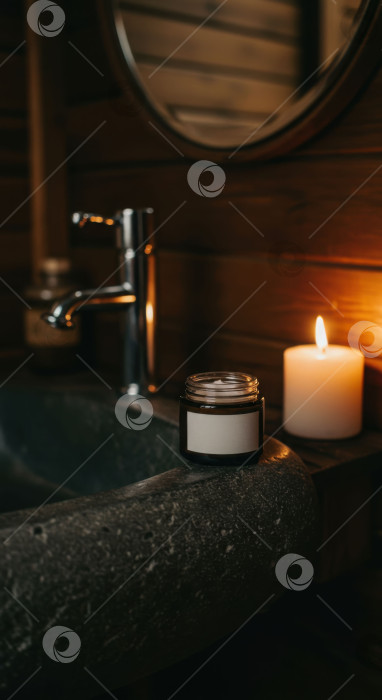 Скачать Баночка косметического крема с пустой этикеткой рядом с зажженной свечой и каменной раковиной. Макет косметического средства для ухода за кожей и спа-салона. фотосток Ozero