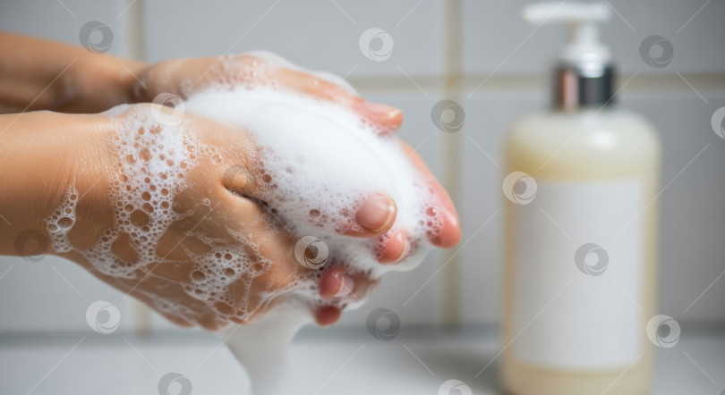 Скачать Женщина моет или трет руки мыльной пеной. Концепция заботы о здоровье, гигиене и чистоте для косметического макета. фотосток Ozero