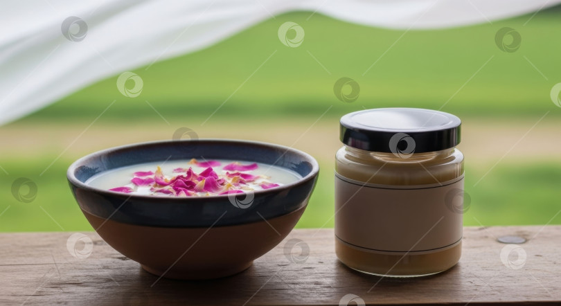 Скачать Макет косметического средства и косметическая чаша с молоком и цветочными лепестками, демонстрация оздоровительных процедур фотосток Ozero