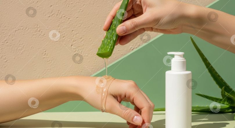 Скачать Woman hands наносит гель алоэ вера на ладони, демонстрируя естественные преимущества по уходу за кожей. Натуральное органическое косметическое средство для красоты. фотосток Ozero