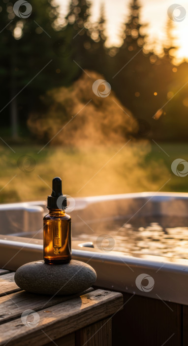 Скачать Янтарная бутылочка-капельница на камне рядом с горячей ванной в "золотой час". Макет косметического средства по уходу за кожей для красоты и здоровья. фотосток Ozero
