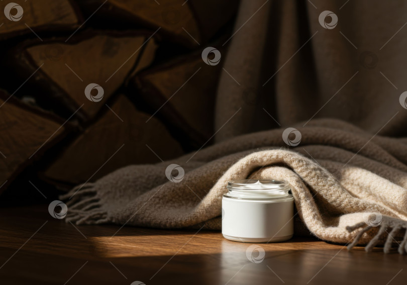 Скачать Баночка косметического крема на деревянном полу с одеялом и дровами. Макет продукта для здоровья и красоты. фотосток Ozero