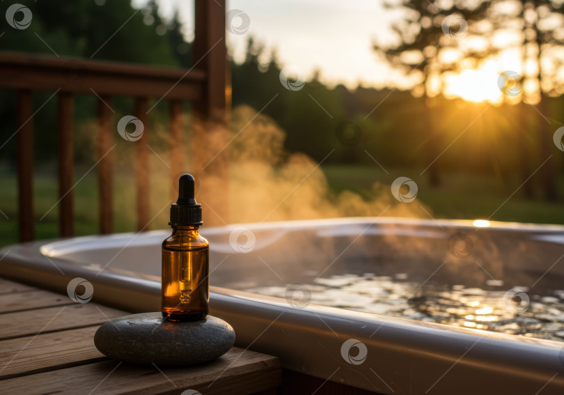 Скачать Янтарная бутылочка-капельница стоит на камне рядом с горячей ванной, от которой идет пар, на фоне заката и леса. фотосток Ozero