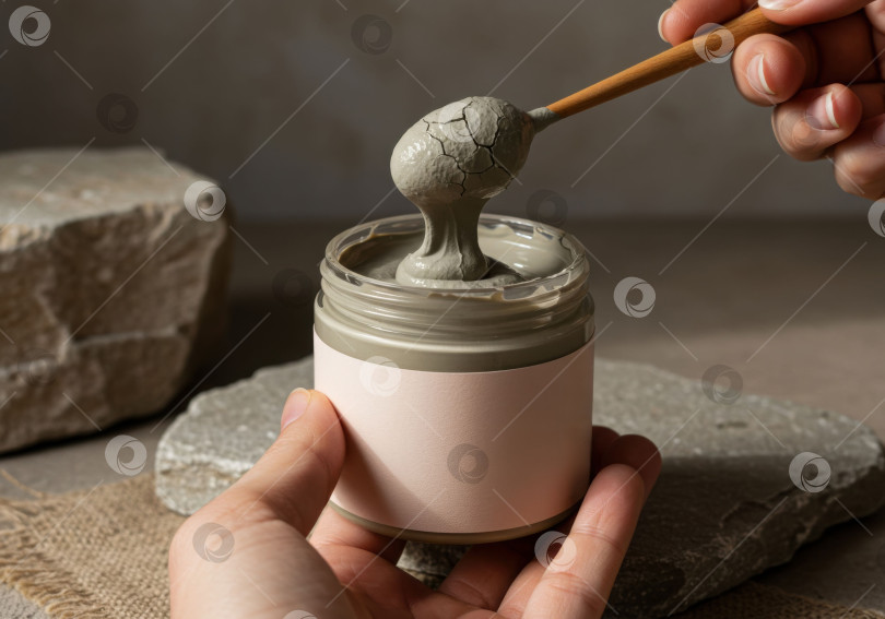 Скачать Женская рука держит пустую косметическую баночку с глиняной маской. Косметический продукт с местом для текста, макет средства по уходу за кожей с концепцией натуральных ингредиентов. фотосток Ozero