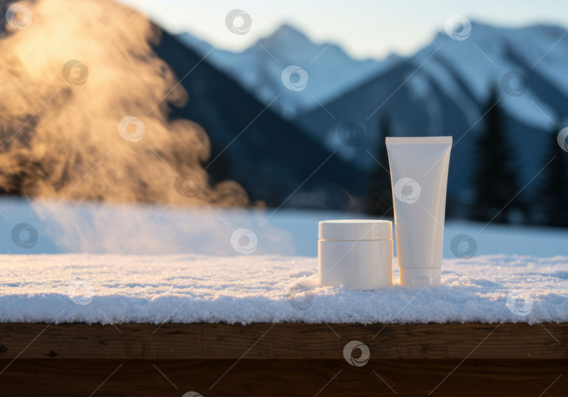 Скачать Белая баночка с косметикой и тюбик без этикетки стоят на снегу. макет зимнего средства по уходу за кожей с изображением космоса и гор. фотосток Ozero