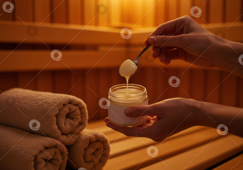 Скачать Женская рука ложкой наносит косметический крем из баночки. Макет косметического средства для спа, здоровья и релаксации. Макет. фотосток Ozero