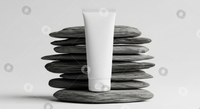 Скачать Макет тюбика белого косметического крема на сложенных друг на друга камнях balance stones. Контейнер для средств по уходу за лицом или телом на камнях zen rocks для концепции spa natural beauty. фотосток Ozero