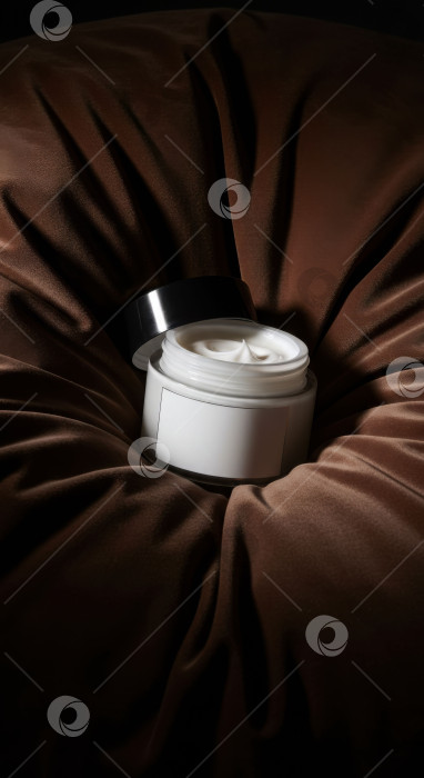 Скачать Открытая белая баночка косметического крема с черной крышкой на ткани насыщенного коричневого цвета. Макет средства по уходу за кожей. Концепция косметических процедур, здоровья. фотосток Ozero