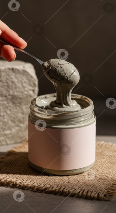 Скачать Женщина держит ложку с маской из серой косметической глины над открытой баночкой. Средство по уходу за кожей с макетом пустой этикетки, концепция красоты. фотосток Ozero