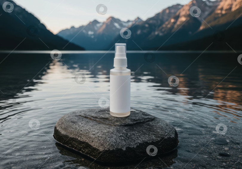 Скачать Флакон с косметическим спреем на камне в природном озере. Макет средства для ухода за кожей в виде тумана для рекламы косметических средств и спа-салонов. Здоровье. фотосток Ozero