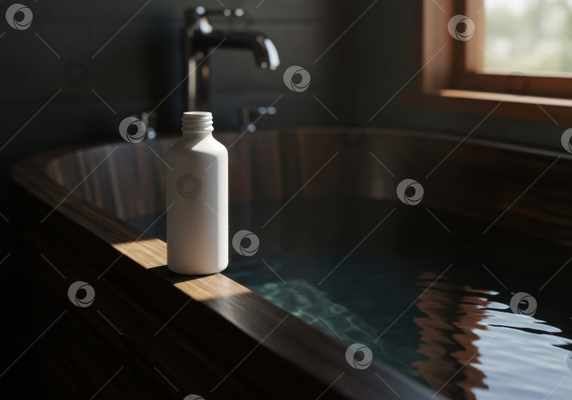 Скачать Белый косметический флакон без этикетки на темном деревянном бортике ванны. Макет продукта для красоты и здоровья. Спа-ванная комната. фотосток Ozero