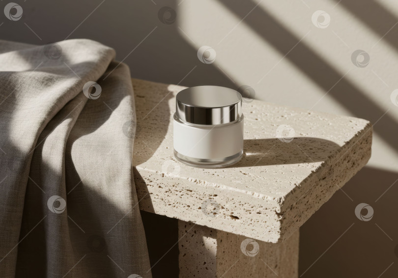 Скачать Баночка с косметическим кремом на каменном подиуме с текстильной отделкой. Макет косметического средства для ухода за кожей, здоровья и медицины. фотосток Ozero