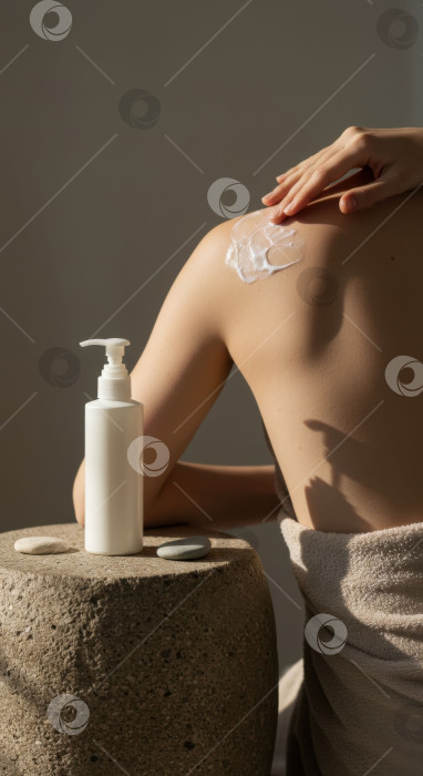 Скачать Женщина наносит белый лосьон для тела для красоты и ухода за собой в домашних условиях. Пустой медицинский флакон-дозатор на камне. фотосток Ozero