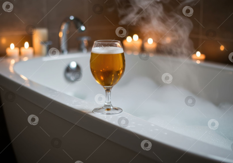 Скачать Бокал пива на краю ванны, наполненной пеной и подсвеченной свечами, для расслабляющего и уютного спа-процесса. фотосток Ozero