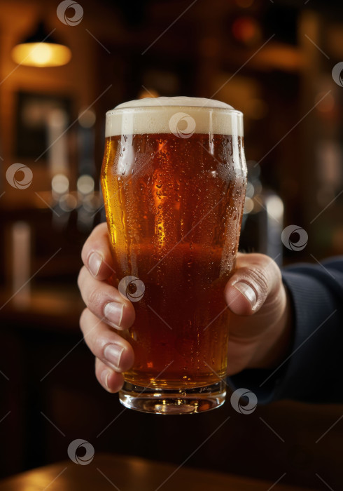 Скачать Мужская рука держит холодный бокал со свежим разливным пивом, по стенкам которого стекает конденсат, празднуя День пива или счастливый час. фотосток Ozero