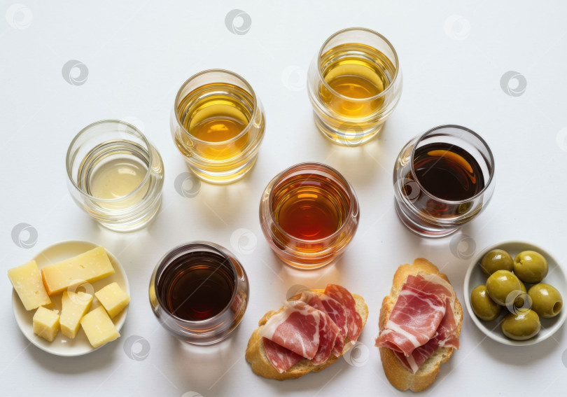 Скачать Разнообразные бокалы для пива светлых и темных тонов с закусками, такими как сыр, оливки и бутерброды с ветчиной, на белом столе для Дня пива. фотосток Ozero