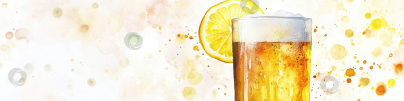 Скачать Акварельный рисунок, изображающий бокал освежающего холодного пива с пенкой и ломтиком лимона. Идеально подходит для оформления фона в честь Дня пива с помощью copy space. фотосток Ozero