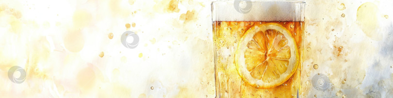 Скачать Бокал свежего напитка с ломтиком лимона, выполненным акварелью. Концепция освежающего напитка для летнего дня и дня пива. фотосток Ozero