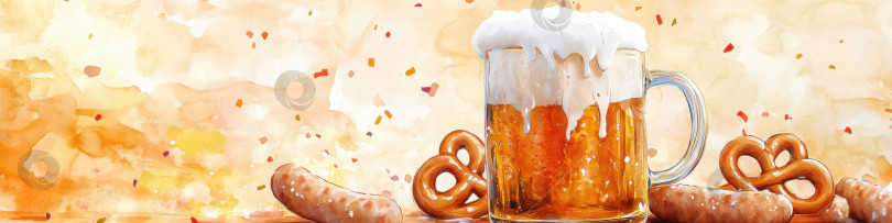 Скачать Кружка пива с пенистой корочкой, крендельки и сосиски вурст в акварельном стиле. Концепция праздничного напитка для Октоберфеста. фотосток Ozero