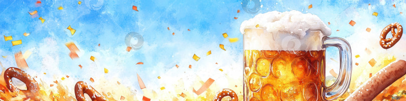 Скачать Пивная кружка с пеной, крендельками и конфетти. Дизайн баннера для празднования Октоберфеста. Акварельная иллюстрация для фестиваля, вечеринки. фотосток Ozero