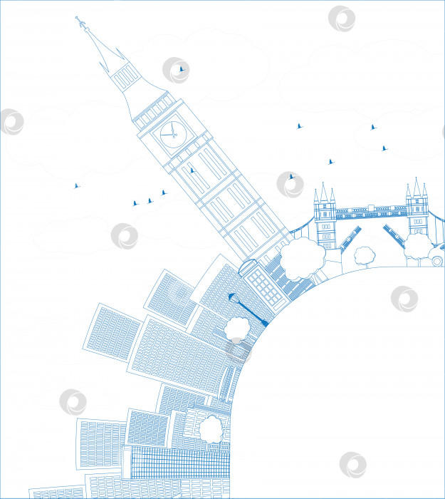 Скачать Очертите панораму Лондона с Биг Беном и небоскребами фотосток Ozero