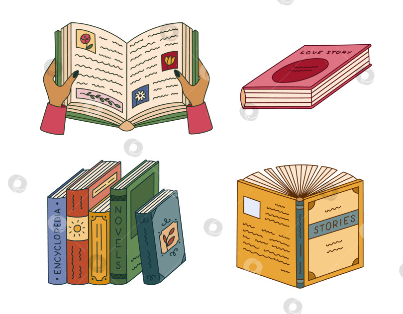 Скачать Lovely colored doodle set with open book in hands with pictures, paragraphs, love story, fiction standing in row. Hand drawn back to school concept for reading, studying isolated on white background. фотосток Ozero