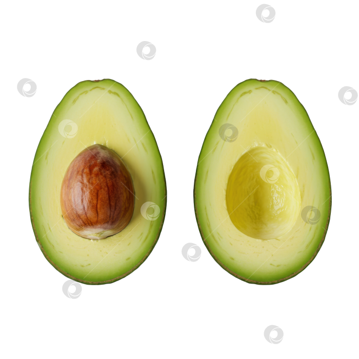 Скачать Свежий авокадо, разрезанный пополам, на прозрачном фоне. Концепция здорового питания. Одна половинка с косточкой, другая без. фотосток Ozero